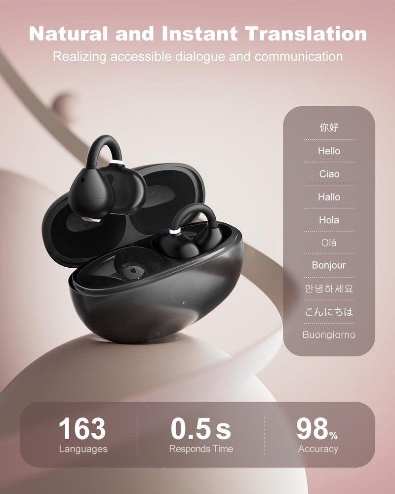 Fones de ouvido AI Translation em tempo real 163 acentos e idiomas tradutor, fones de ouvido 3 em 1 de tradução de orelha aberta para aprendizado de viagem, espanhol/inglês Audífonos Tradutores