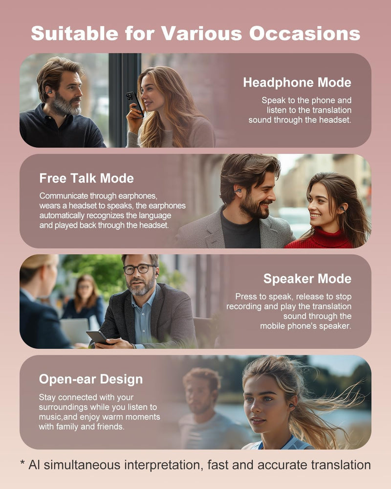 Fones de ouvido AI Translation em tempo real 163 acentos e idiomas tradutor, fones de ouvido 3 em 1 de tradução de orelha aberta para aprendizado de viagem, espanhol/inglês Audífonos Tradutores