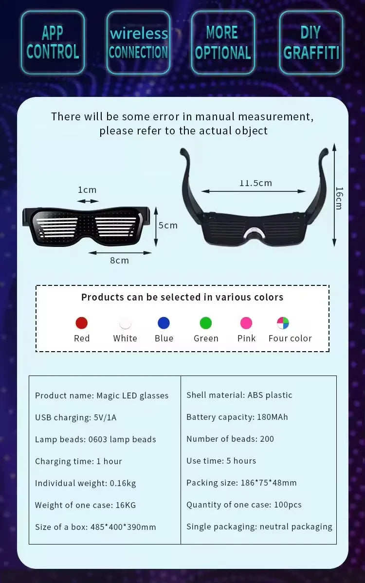 programmable LED party glasses with app control DIY text