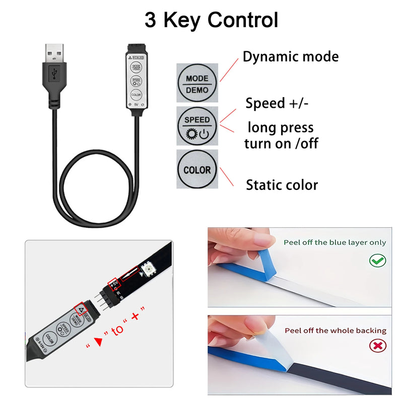 LED strip for TV with 3 keys and USB 5V control