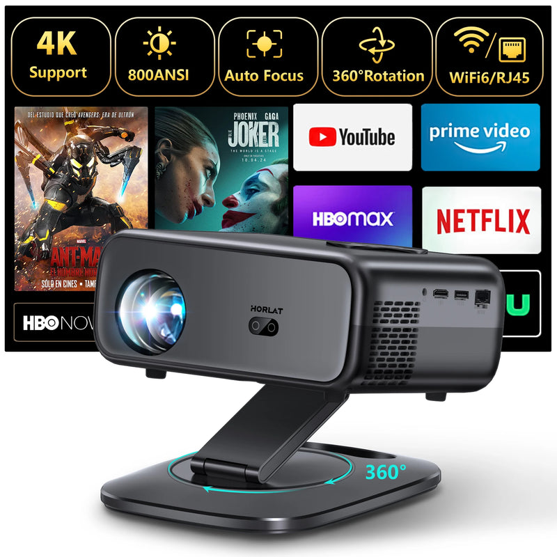 Projector Android12 Mini 4K 64G HORLAT M4 25000Lumens Auto Focus Keystone Full HD 1080 WiFi6
