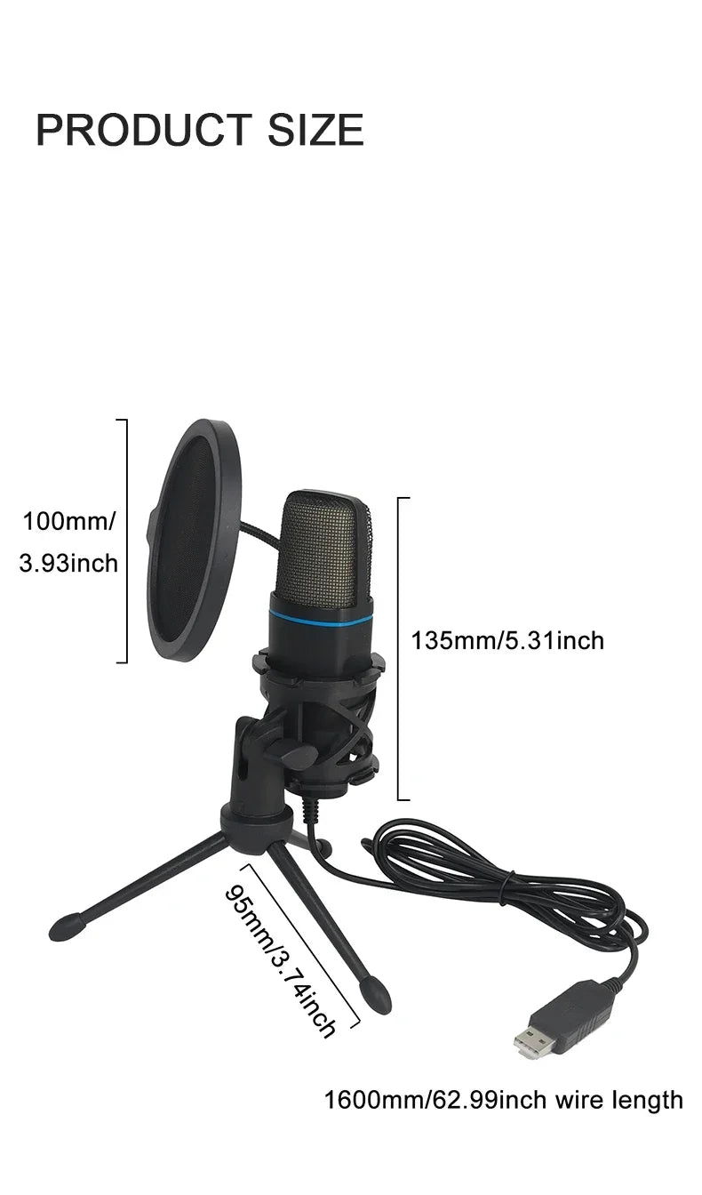 RGB Professional Microphone USB Condenser Microphone Wire Gaming Mic for Podcast Recording Studio Streaming Laptop Desktop PC