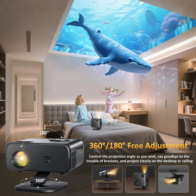 Projector Android12 Mini 4K 64G HORLAT M4 25000Lumens Auto Focus Keystone Full HD 1080 WiFi6